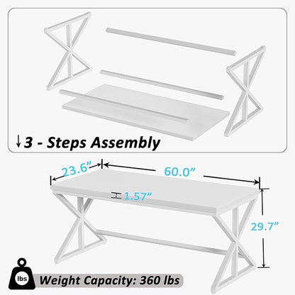 IBF Modern White Computer Desk, Industrial Long Home Office Desk for Student, Large Metal Wood Writing Study Work Desks, Farmhouse Executive Gaming Computer Table for Bedroom Living Room, White, 60 In