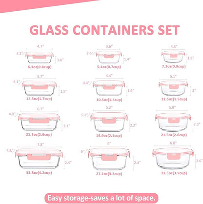 KOMUEE 24 Pieces Glass Food Storage Containers Set, Meal Prep Containers, BPA-Free Airtight Glass Storage Containers with lids,Freezer, Microwave and Oven Safe,Pink