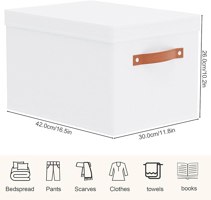 YheenLf 3 Pack Storage Boxes with Lids, Storage Baskets for Shelves, Decorative Linen Closet Organizers with Handles, White, 16.5 x 11.8 x 10.2 Inch