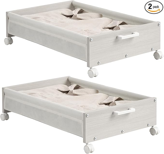 FOUCSSOMEI Under Bed Storage with Wheels, Wooden Under Bed Drawers On Wheels, Rolling Under Bed Shoe Storage, Space Saving,White,50L