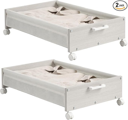FOUCSSOMEI Under Bed Storage with Wheels, Wooden Under Bed Drawers On Wheels, Rolling Under Bed Shoe Storage, Space Saving,White,50L