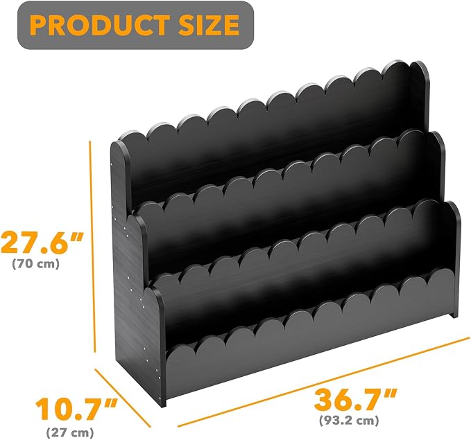 SpaceAid 3-Tier Scalloped Bookshelf, Montessori Bookcase for Toddlers, Wooden Book Shelf Organizer Display Furniture for Kids Rooms, Playroom, Nursery and Classroom, 36.7“ Wide, Black