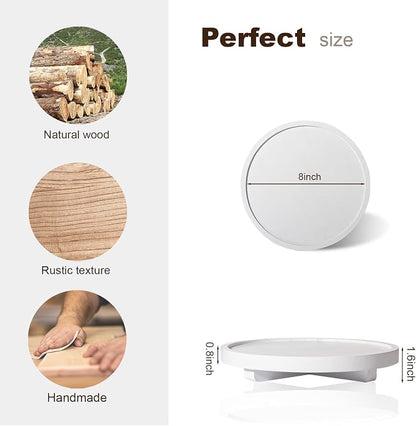 Round Decorative Tray Wood Bathroom Counter Organizer Farmhouse Kitchen Decor Wooden Riser for Soap Dish, Perfume, Candle, Sponge, 8" - White