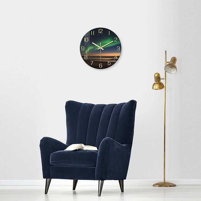 Beach Wall Clock for Bedroom 14 Inch Glass Silent Wall Clock Battery Operated Analog Clocks Wall Decorative