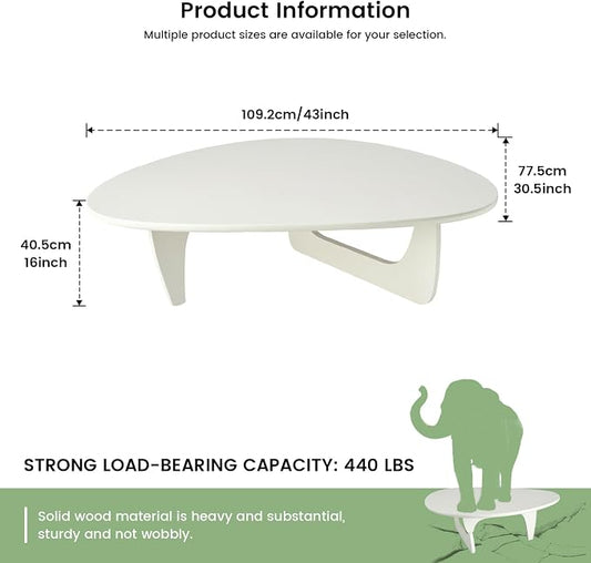 Solid Wood Triangle Coffee Table,Unique Mid Century Modern Oval Coffee Table,Irregular Geometric Tea Tables for Home Living Room with Wooden Tabletop and Reinforced Legs White 43" L x 31" W x 16" H