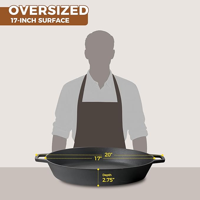 Pre-Seasoned Large Cast Iron Skillet 17 Inch, Dual Handle Outdoor Camping Frying Pan, Pizza Pan, Use for Grill, Stovetop, Induction, Oven Safe Cookware