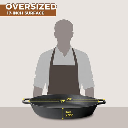 Pre-Seasoned Large Cast Iron Skillet 17 Inch, Dual Handle Outdoor Camping Frying Pan, Pizza Pan, Use for Grill, Stovetop, Induction, Oven Safe Cookware