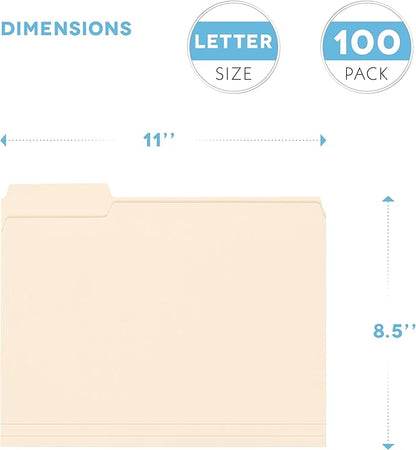 Manila Folders 8.5 x 11, Letter Size 100-Pack - File Folders for Documents 1/3-Cut Tabs, Assorted Positions, Folder Organizer for Home, Office or Classroom | Bulk Pack, Made in USA