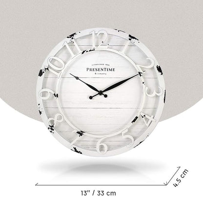 Presentime & Co 13" Farmhouse Series Wall Clock, Quartz Movement, Shiplap Style, Raised 3D Arabic Numeral, Antique Distressed White