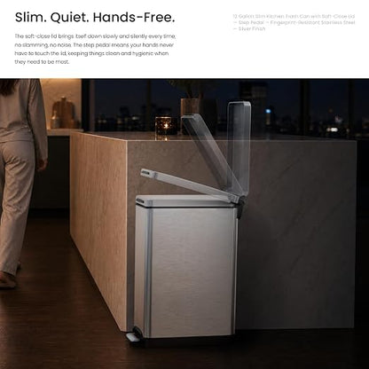Home Zone Living 12 Gallon Kitchen Trash Can with Slim Fit Design | Stainless Steel with Soft-Close Step Pedal Lid, Bag Tuck Band for Easier Bag Changes, Rectangular Shape, Silver