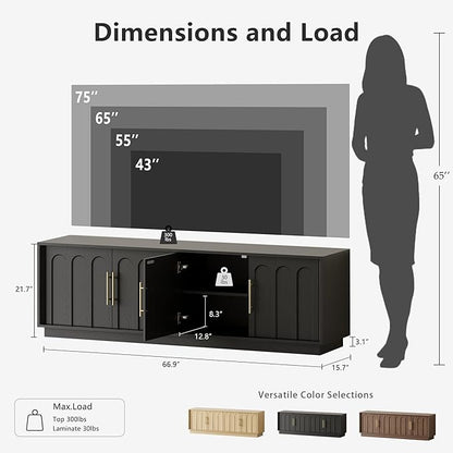 FORTUNETEC TV Stand for 75 Inch TV, 67" Entertainment Center with Arched Design, Minimalist Media Console with Adjustable Shelves, Modern TV Stand for Living Room Bedroom, Black