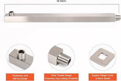 HarJue Shower Head with Extension Arm, High Pressure Square with ShowerArm, Stainless Steel Rainfall-Waterfall Full Body Coverage (10'' Shower with 16'' Arm, Brushed Nickel)