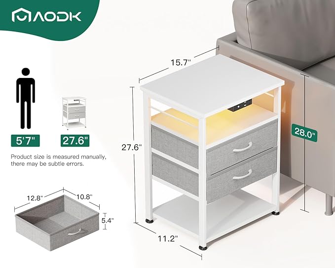 AODK Night Stand with Charging Station and LED Lights, 27.6 Inch Bed Side Table with 2 Drawers and Open Shelf, Bedside Table for Bedroom, Living Room, White & Light Grey