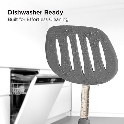 Kitchen Mama WaltzGrip Platinum Silicone Pancake Spatula Turner: Heat Resistant Flexible, Stainless Steel Core, Nonstick, Dishwasher Safe, Flipper – Ideal Kitchen Cookware Egg, Fish, Meat (Metal Gray)
