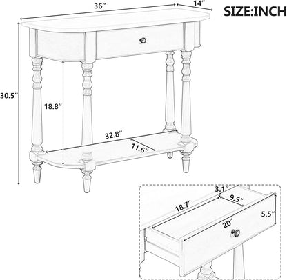 HMFULE Retro Curved Console Table, 36" Solid Wood Half Moon Console Table Sofa Table Entryway Table with 1 Drawer 1 Open Shelf Roman Legs Curved Corners for Living Room,Entryway,Hallway,White+Beige