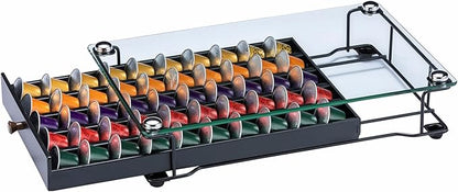 ZCDCP Coffee Pod Holder, Black Nespresso Original Pod Holder, Coffee Capsule Storage Drawer with Crystal Tempered Glass Top, 50 Pods