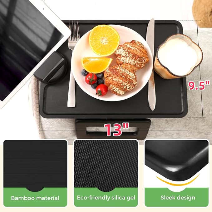 Smatdecis Couch Arm Tray Table Sofa Arm Clip, Armrest Tray Table Suitable for Home Drinks/Fast Food/Fruit Etc, Large Size Multi-Function Black(360° Rotating Stand A)