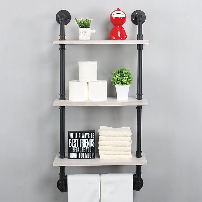 Bathroom Shelves Wall Mounted,19.6in Rustic Wood Shelf with Towel Bar,3 Tier Farmhouse Towel Rack Over Toilet,Pipe Shelving Floating Shelves Towel Holder,Black & White