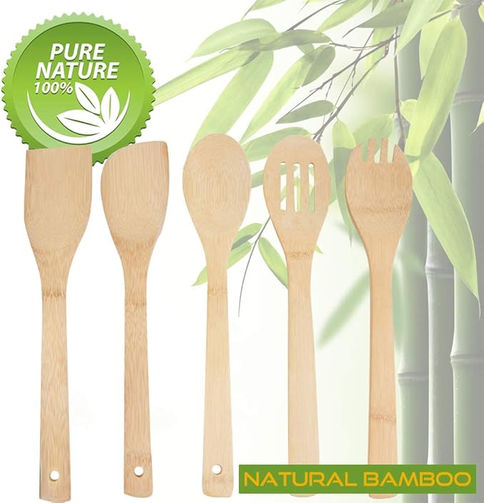 Print Supremacy 5 PCS Natural Eco-Friendly Bamboo Cooking Utensil Set/Spoon,Folk & Spatula Mix/Non Stick Wooden Kitchen Gadgets Pan Cookware Baking Cooking/Great Gift For Chefs & Foodies
