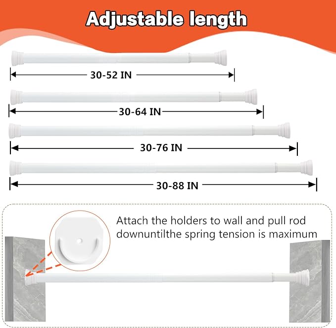 Closet Rods for Hanging Clothes, White Closet Rod 30-76 Inch Adjustable Clothes Hanging Bar Shower Curtain Rods for Closet, Wardrobes, Bathroom, Windows, with No Drilling Holder