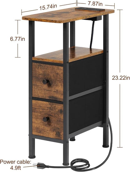 Narrow Nightstand with Charging Station, End Tables Living Room Set of 2, Skinny Side Table with Fabric Drawers, Slim Sofa Table for Bedroom, Small Spaces, Couch, Brown, HETNDP02BR