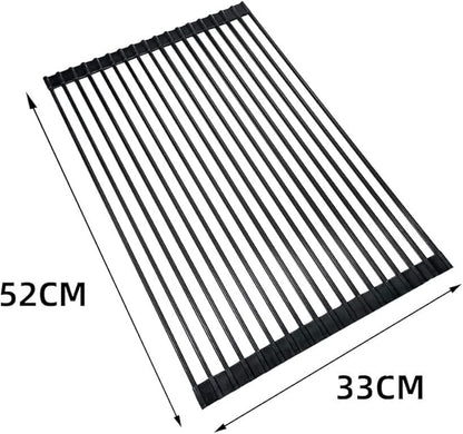 Roll Up Dish Drying Rack Over The Sink.Foldable Kitchen Drainer,Fully Silicone Cover Stainless Steel Bar,Heat-Resistant, Anti-Slip Sink Rack for Kitchen Counter Black,20.5 x 13 Inch