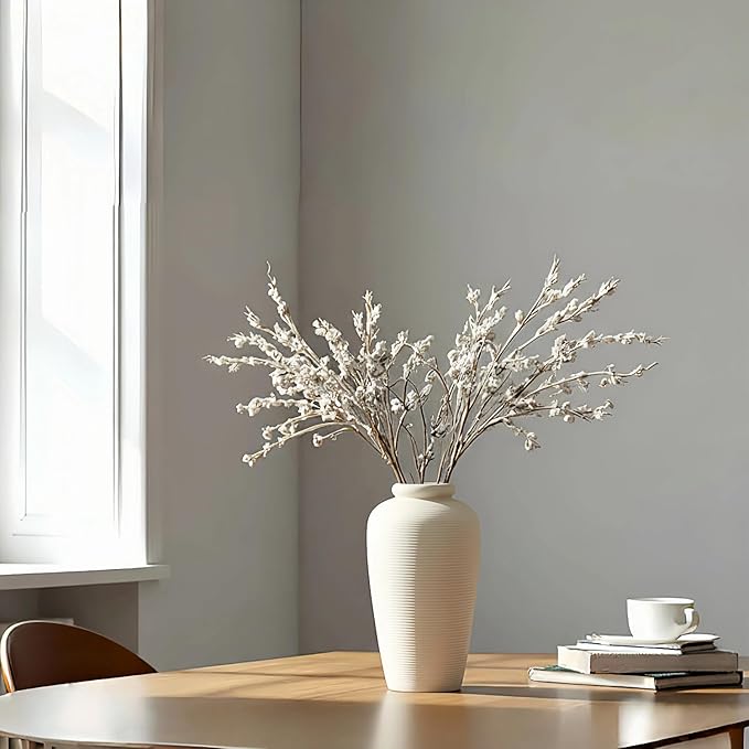 NEBRYX Large Ceramic Vase, 11 inch Minimalist Vase for Home Decor, Handmade Farmhouse Flower Vase for Table Centerpiece, Wedding, Living Room, Kitchen Decoration, Shelf Decor (Rice White)