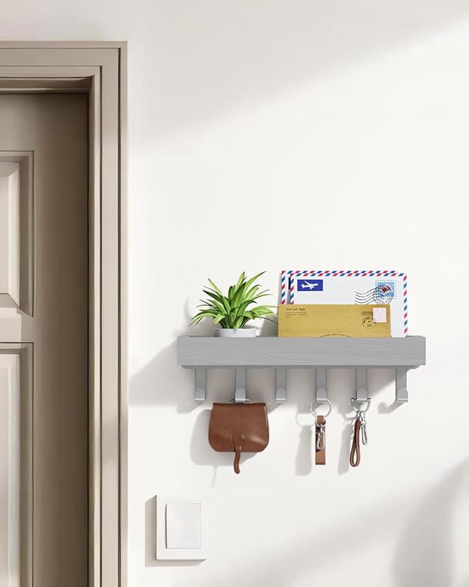 Key Holder Wall Mount Adhesive Magnetic - Hanging Key Hooks with Mail Organizer Tray for Wallet House Accessories - Keys Hanger Rack with Shelf for Camper Entryway Door Home Living Room Decor Grey