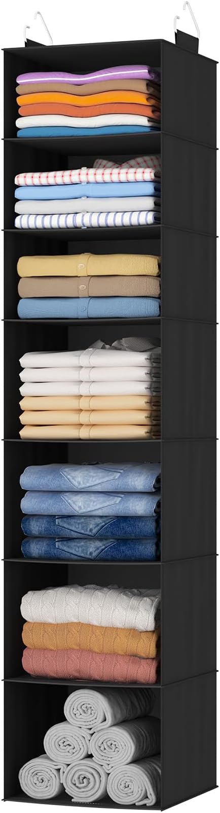 Lifewit 7 Tier Hanging Closet Organizer and Storage for Shelves, 1 Pack Foldable Clothes Shelf with 2 Sturdy Hooks, Sweater/Coat/Shoes Clothing Organization for Wardrobe, Dorm, Bedroom, Black