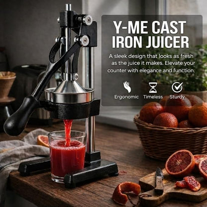Y-ME Cast Iron Juicer, Heavy Duty Manual Citrus Press with Stainless Steel Detachable Strainers, Hand Juicer for Orange, Lemon, Lime & Grapefruit, Easy to Clean, Black