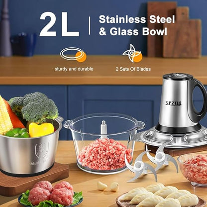 SPZTJK 3-Speed Electric Food Processor: Meat Grinder, Vegetable Chopper & Baby Food Maker - 300W, 2 Bowls (8 Cup Stainless Steel+8 Cup Glass), Quiet Operation