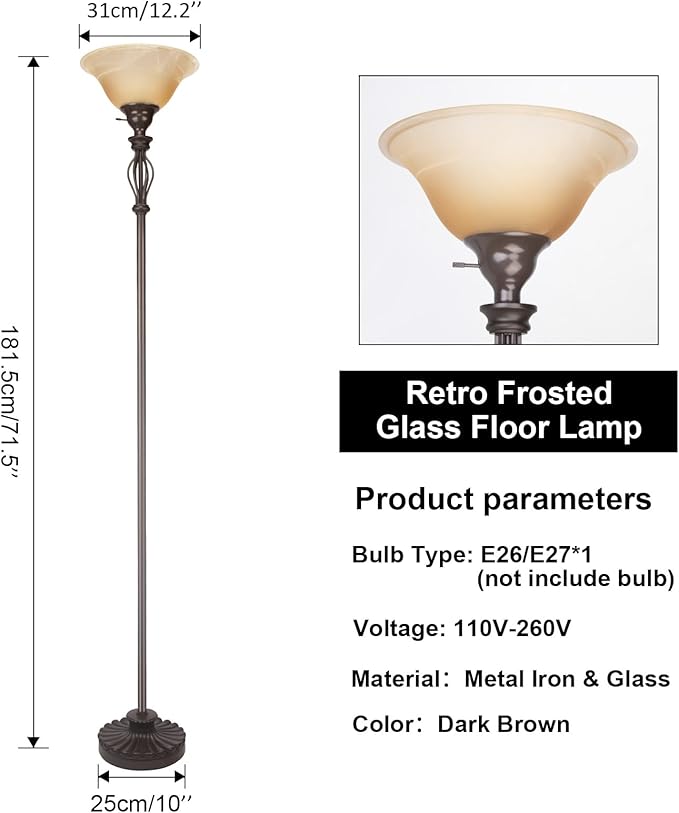 HonoDing Torchiere Floor Lamps for Living Room & Bedroom – Stand Up Lamp with Corner Floor Lamp Design – Traditional Iron Scroll 70" Tall Alabaster Glass Bowl Shade (Brown)