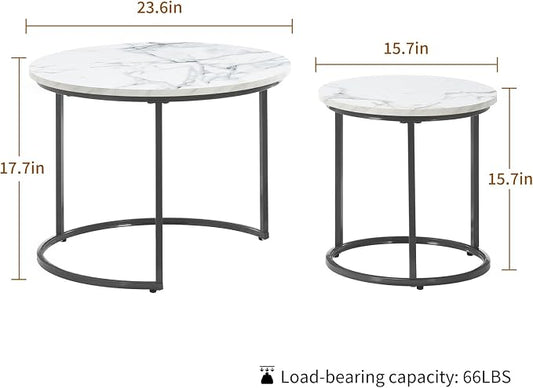Round Nesting Coffee Table Set of 2, Modern Marble Pattern Wooden Nesting Tables, Stacking Minimalist End Table for Living Room Bedroom Small Space, White and Black