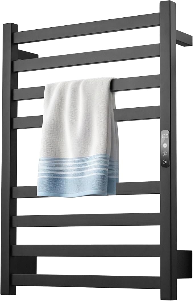 Towel Warmer Matte Black Heated Towel Rack for Bathroom Wall Mounted Electric Towel Dryer Rack with Temperature Control and 24 Timer Plug-in/Hardwired