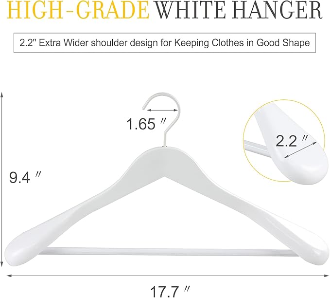 TOPIA HANGER White Wooden Coat Hanger 6 Pack, Wood Suit Hangers,Glossy Finish with Extra-Wide Shoulder, Thicker White Hooks & Anti-Slip Bar,Suitable for Coat, Suit,Dress,Jacket,Heavy Cloth - CT02W