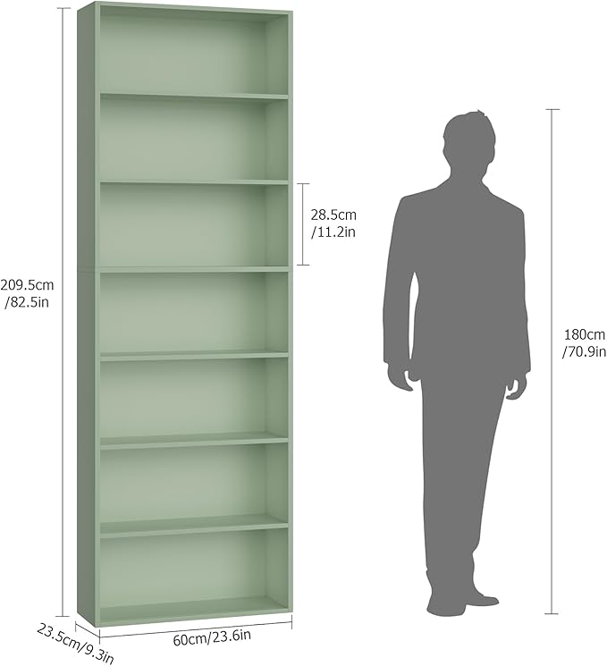 FACBOTALL 82" Tall Bookshelf, 7-Tier Open Shelves Bookcase, Freestanding Display Storage Shelves, Tall Bookcase Home Decor Furniture for Home Office, Living Room, Bedroom, Green