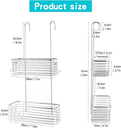 YQh Stainless steel double-layer shower rack, shower room hanging bathroom organizer, storage rack installed on the hanging bar or door, can store shampoo, hair conditioner, shower gel