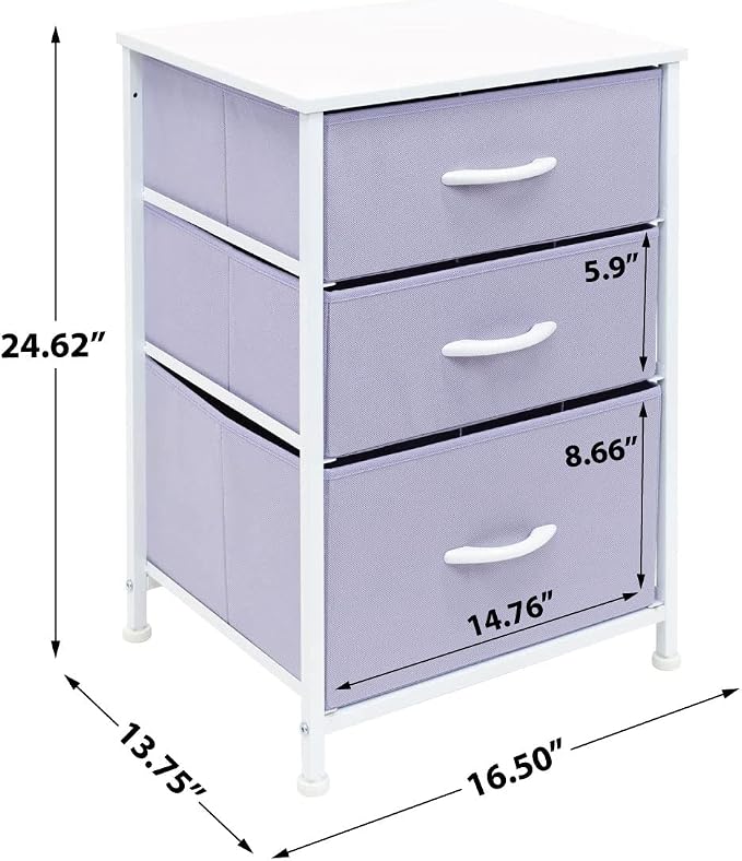 Sorbus Nightstand with 3 Drawers - Furniture Storage Chest Tower Unit for Bedroom, Hallway, Closet, Office Organization - Steel Frame, Wood Top, Pastel Fabric Bin (Purple)