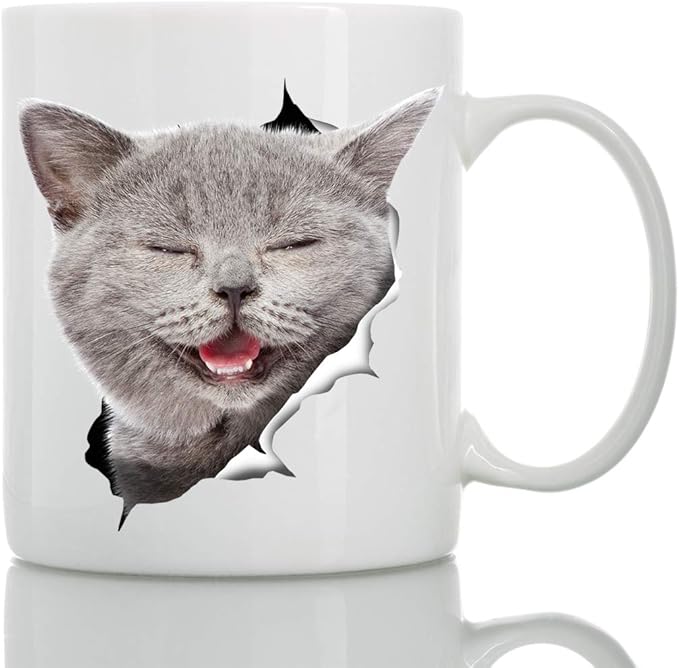 Winston & Bear Laughing Grey Cat Coffee Mug - Funny Ceramic Coffee Mug Gift for Cat Lovers - Cute Novelty Cup for Men and Women (15oz)