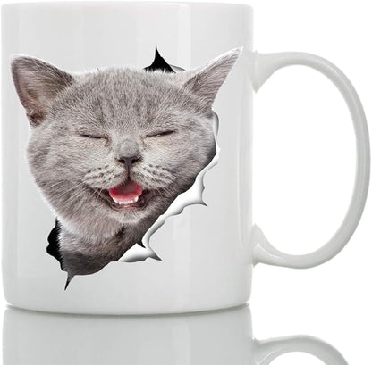 Winston & Bear Laughing Grey Cat Coffee Mug - Funny Ceramic Coffee Mug Gift for Cat Lovers - Cute Novelty Cup for Men and Women (15oz)