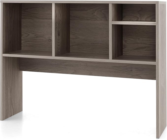 Desk Hutch, Desktop Shelf with 4 Shelves, Desk Bookshelf w/Anti-Toppling Devices, Wood Table Top Bookshelf Organizer, Small Desk Shelf for Study, Office, Dorm (Grey, 4 Shelves)
