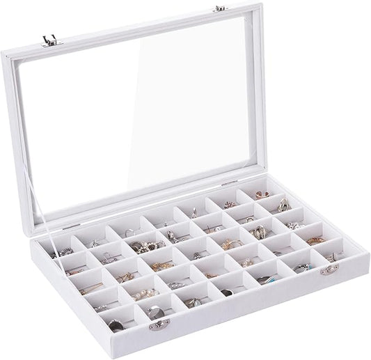 Frebeauty Velvet Jewelry Tray,35 Grid Jewelry Organizer with Clear Lid,Earring Holder Organizer Case with Clasp,Drawer Insert for Rings Studs,13.8 x 9.5 x 2 Inches,Gift for Women Girls(White)