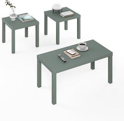 Furinno Classic Living Room Table Set of 3, Modern Rectangle Coffee Table with 2 Square Side Tables, End Tables, 1.8 Inch Thick Tabletop for Living Room, Home Office, Sage Green