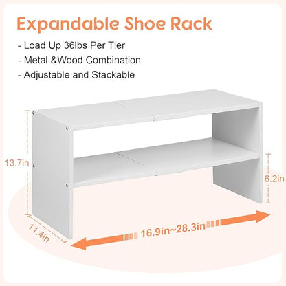 2-Tier Expandable White Shoe Rack Organizer for Closet, Stackable Shoe Rack Storage Shelf, Small Iron Wood Combination Shoe Shelves for Closets,Entryway,Front Door, Narrow Space,Hallway,6-12 Pairs
