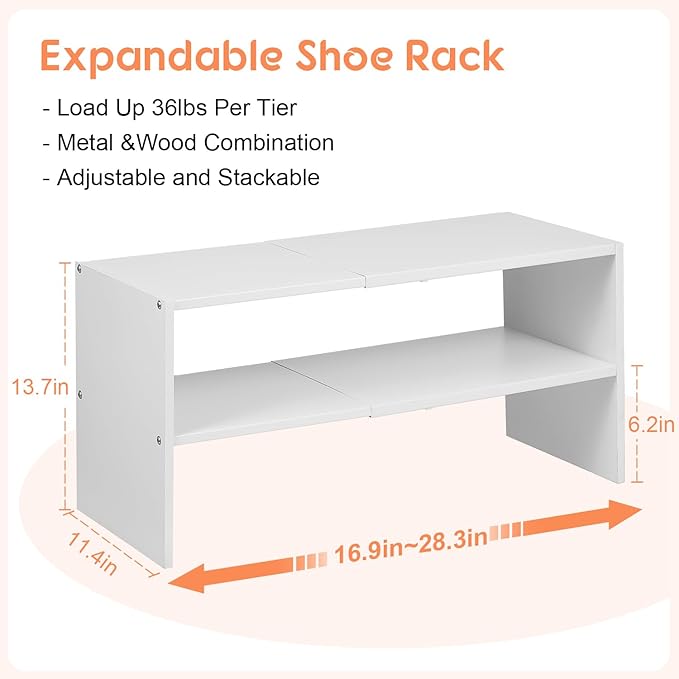 2 Pack Expandable White Shoe Rack Organizer for Closet, 2-Tier Stackable Shoe Storage Shelf, Small Iron Wood Combination Shoe Shelves for Closets,Entryway,Front Door, Narrow Space,Hallway,15-24 Pairs
