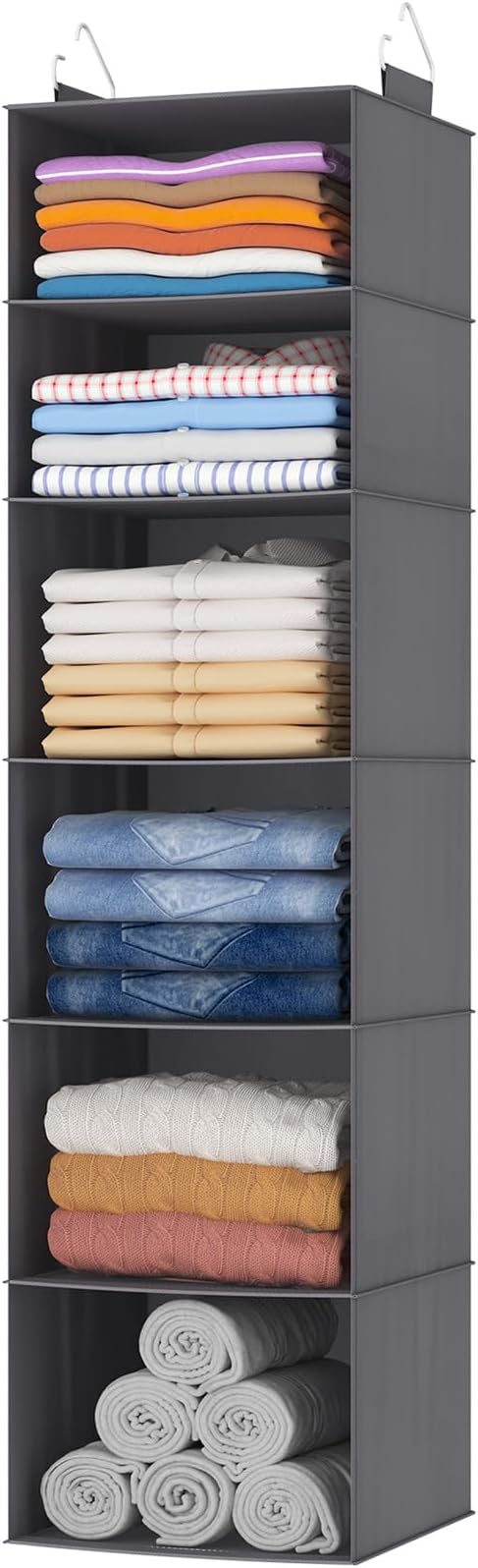 Lifewit 6 Tier Hanging Closet Organizer and Storage for Shelves, 1 Pack Foldable Clothes Shelf with 2 Sturdy Hooks, Sweater/Coat/Shoes Clothing Organization for Wardrobe, Dorm, Bedroom, Gray