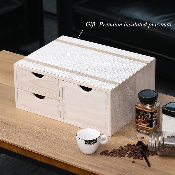 DDYURI Kitchen Storage Organizer with 3 Drawers for Coffee Brew K Cup/Coffee Pod Holder - Office Organization Drawer for Desk, Multi-Purpose Mini Wood Cabinet Countertop Stand Shelf CF2D3C White