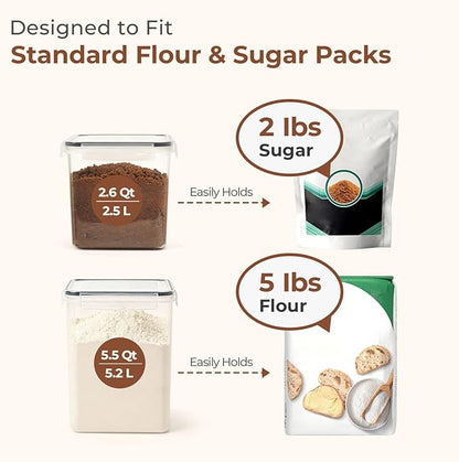 3 PCS Airtight Flour and Sugar Container for Pantry - 5lb Flour Capacity - 7.1 Inch Extra Wide Mouth Square Pantry Storage - Set of 3 (5.2L/5.5Qt) (2.5L/2.6Qt*2) - Stackable Baking Supplies Organizer