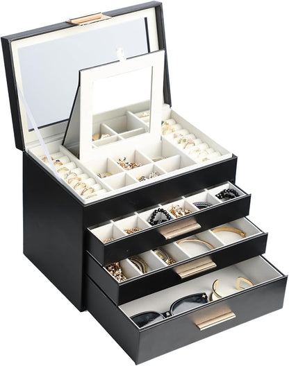 BOOVO Jewelry Boxes for Women, White and Black 6 Layer Large Jewelry Box for Necklace, Bracelet, Earrings, Rings Storage, Jewelry holder Organizer for Girls Gift (Clear Black, 4 layer)