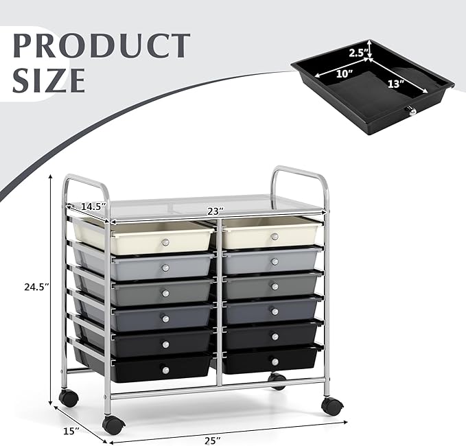 GOFLAME 12-Drawer Rolling Storage Cart, Multifunctional Art Craft Organizer Cart, Mobile Utility Storage Cart with Removable Drawers & Lockable Wheels, Craft Cart for Home Office School, Grey Gradient